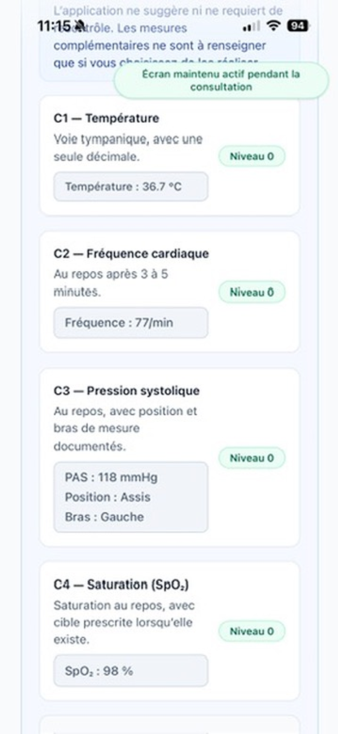 Pot Constantes avec température, fréquence cardiaque, pression systolique et saturation