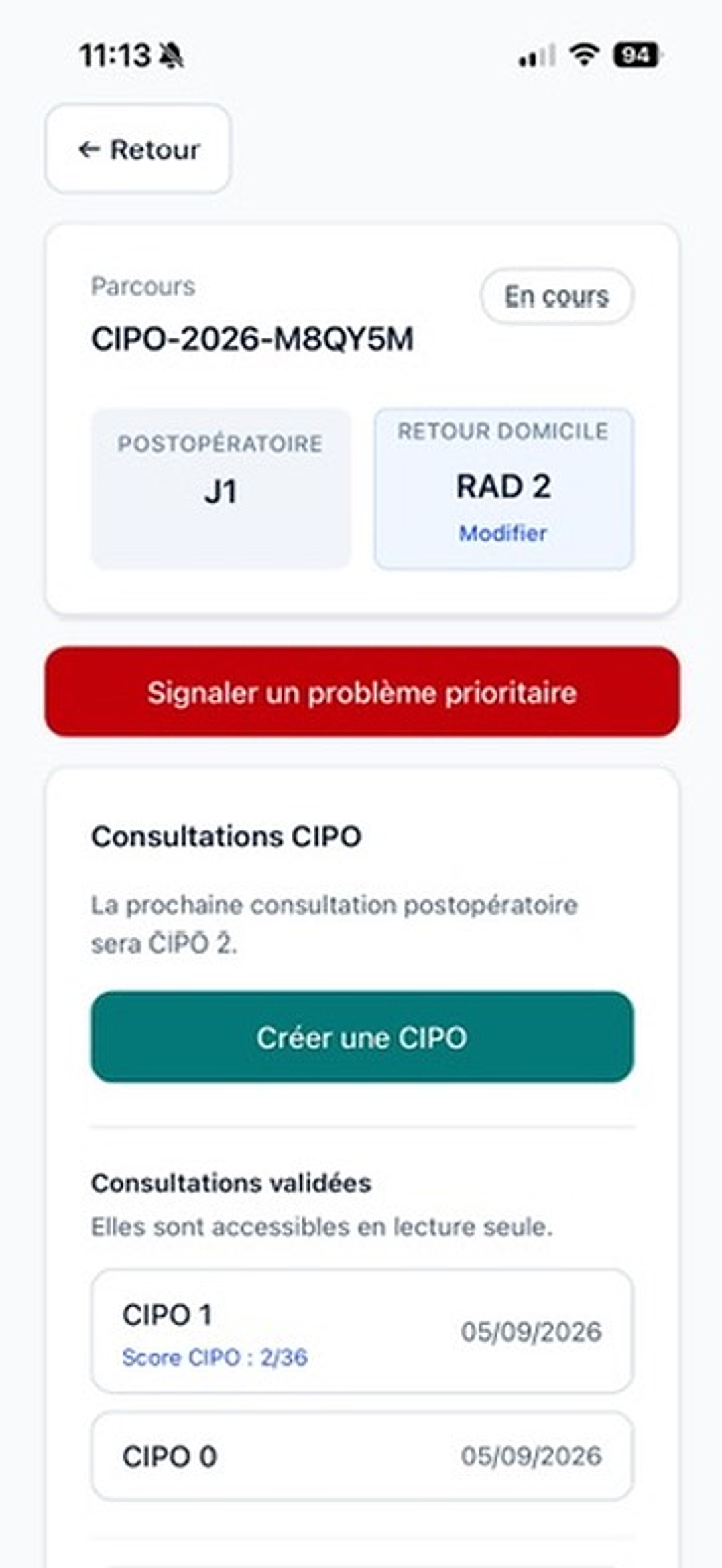 Écran d’un parcours CIPO avec repères J1 et RAD 2